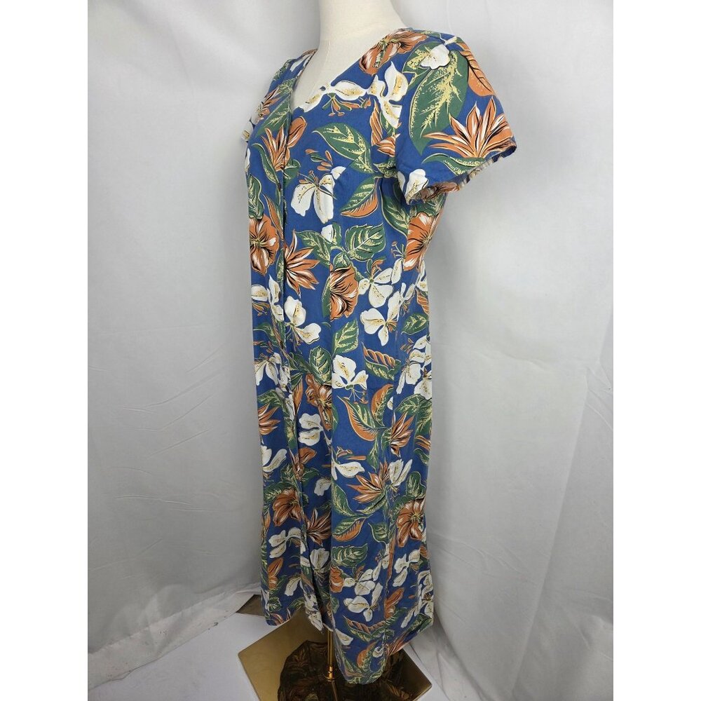 Vtg Hilo Hattie Hawaiian Dress M Blue Hibiscus Floral Rayon Midi Muumuu Tropical - Picture 5 of 10